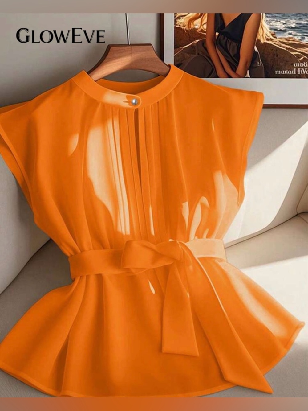 GlowEve Orange Belted Peplum Blouse